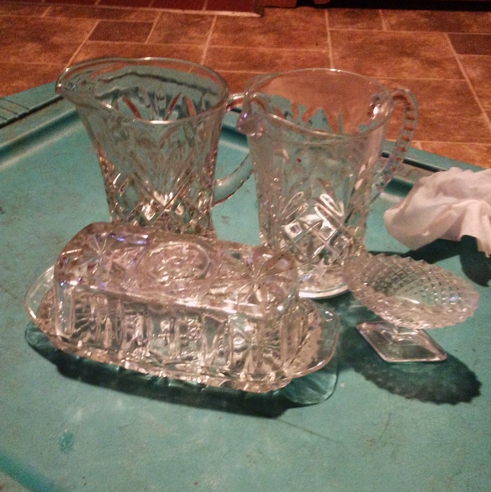 Vintage butter dish, 2 small pitchers, glass dish for rings, earrings